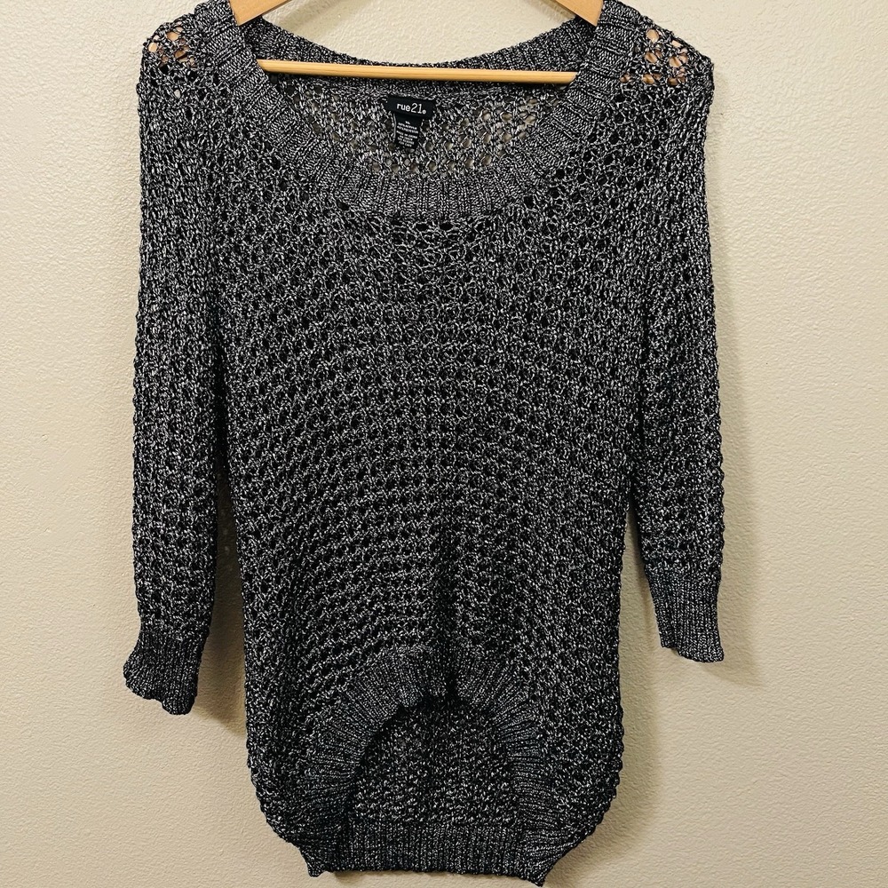 Rue 21 Open Knit Sweater Black Silver Metallic Stretch Y2K Grunge Goth XL Fitted